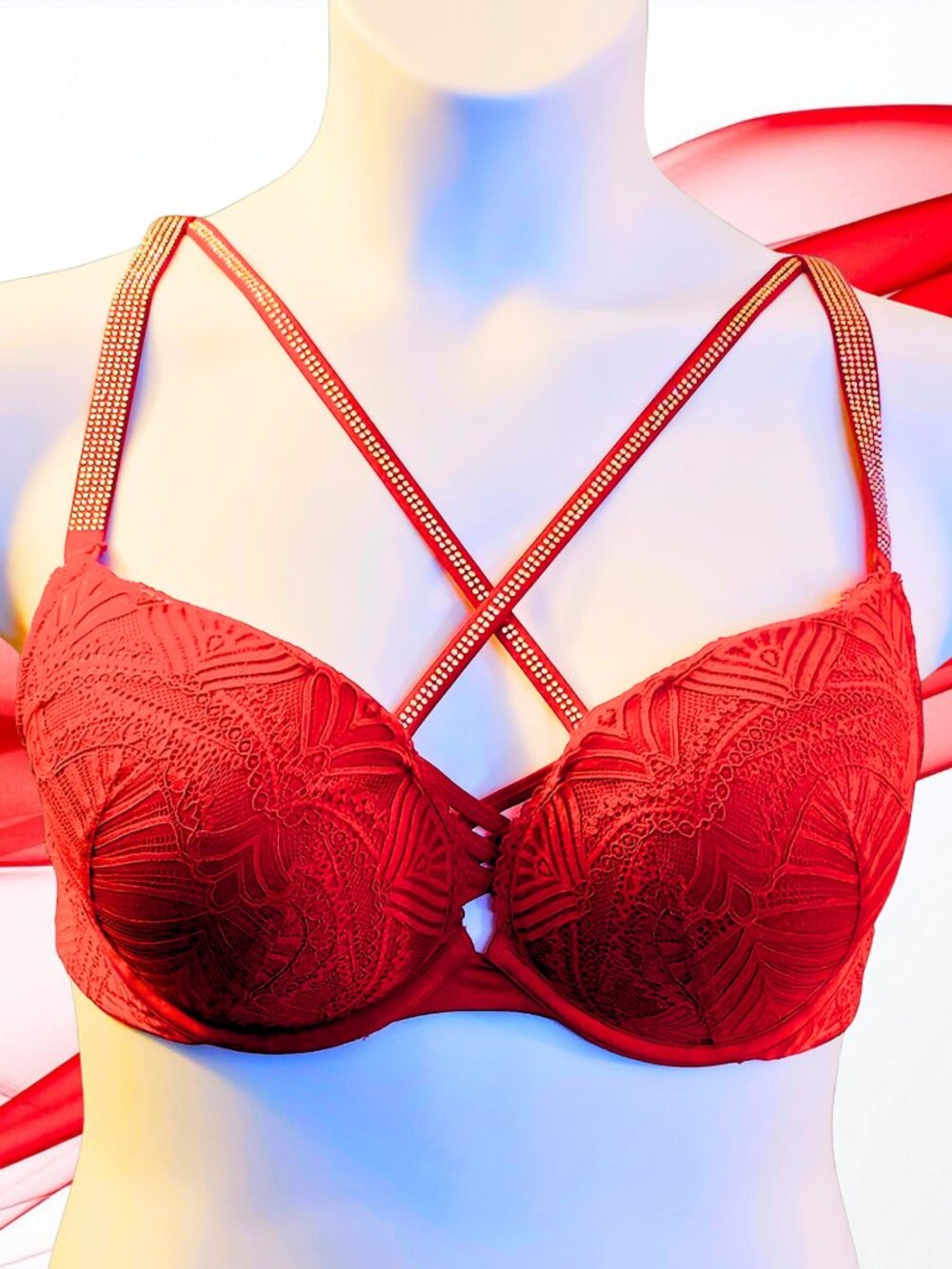 Torrid 38C Red Lace Push-Up Underwire Bra Rhinestone Straps Strappy Front